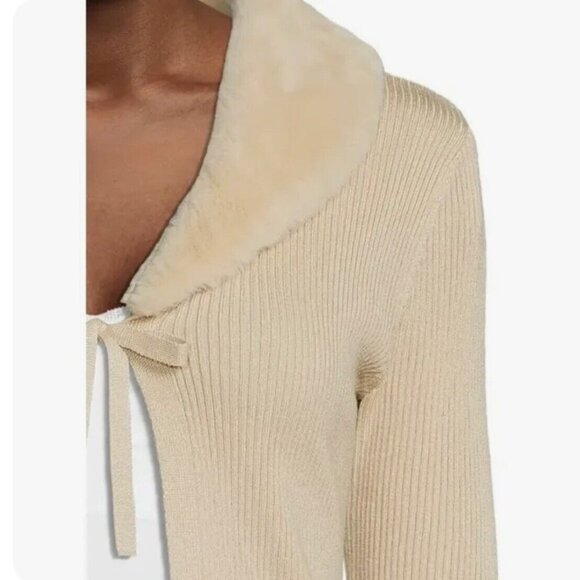Faux Fur Collar Cardigan Sweater Women Medium 7-9 Beige Removable Collar - Picture 5 of 7